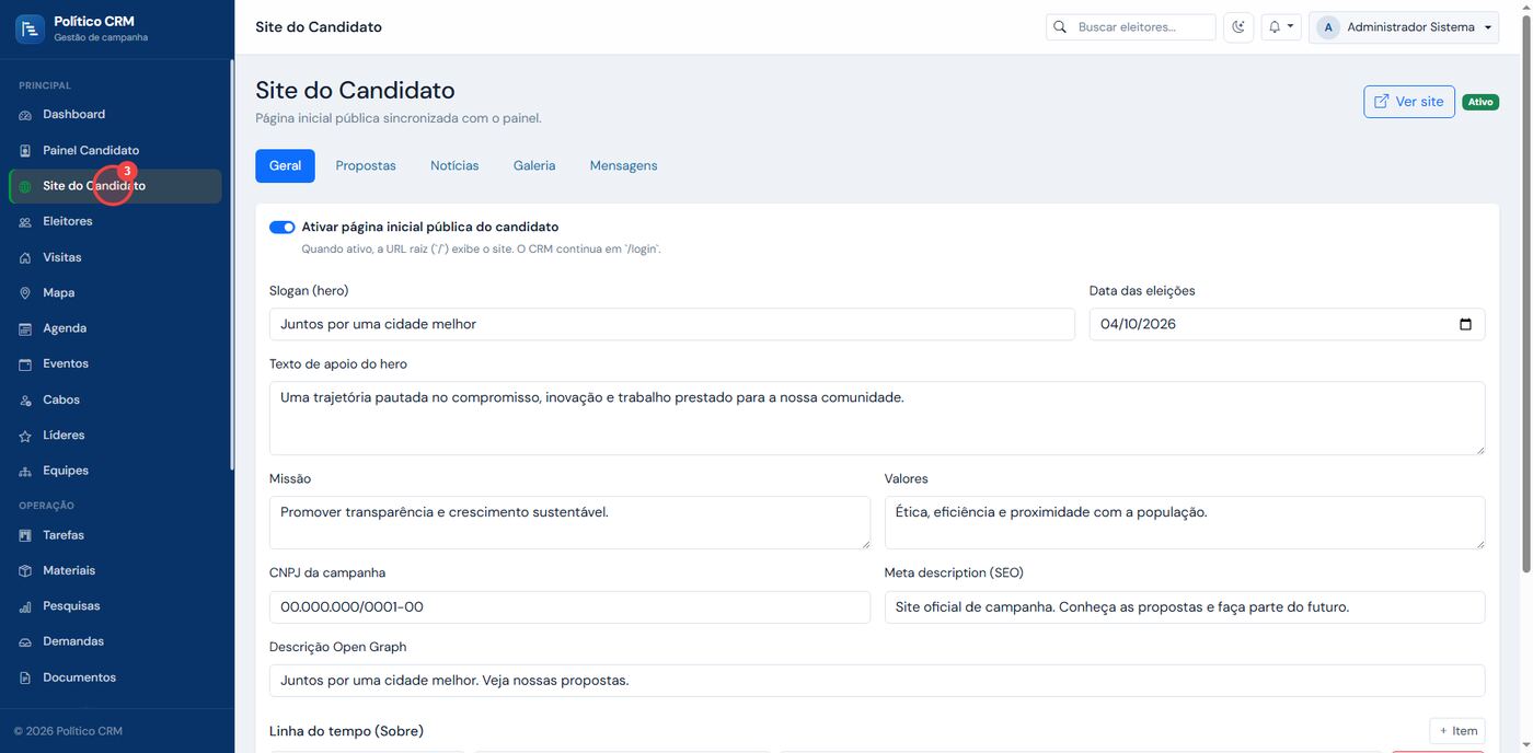 Tela de configuração geral do site público do candidato no Político CRM
