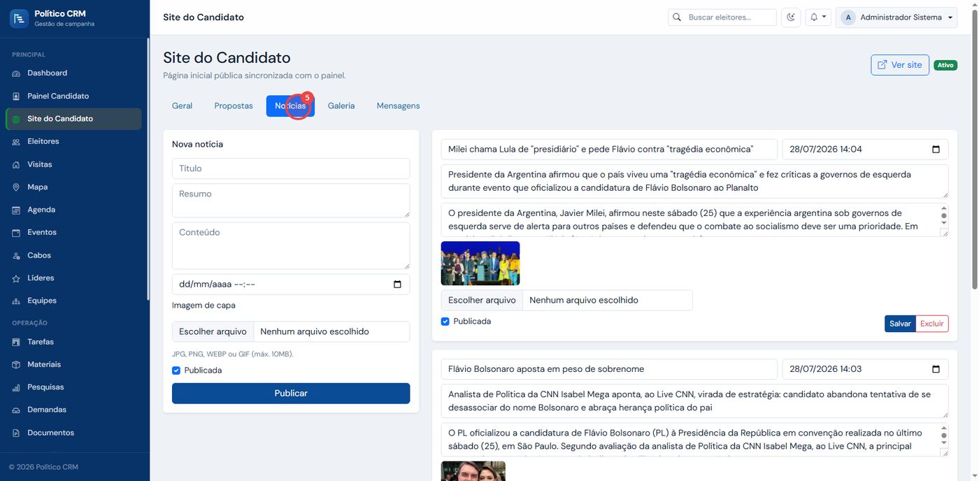 Tela de publicação e edição de notícias do site do candidato
